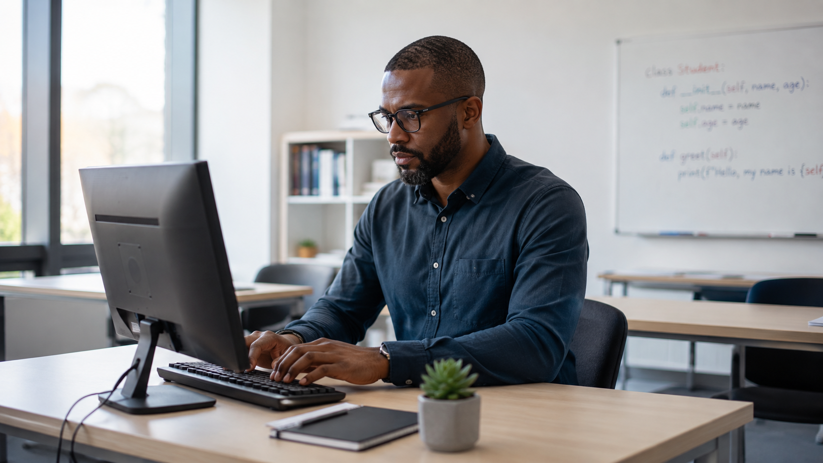 An African American man works at a desktop computer in a bright, modern classroom.