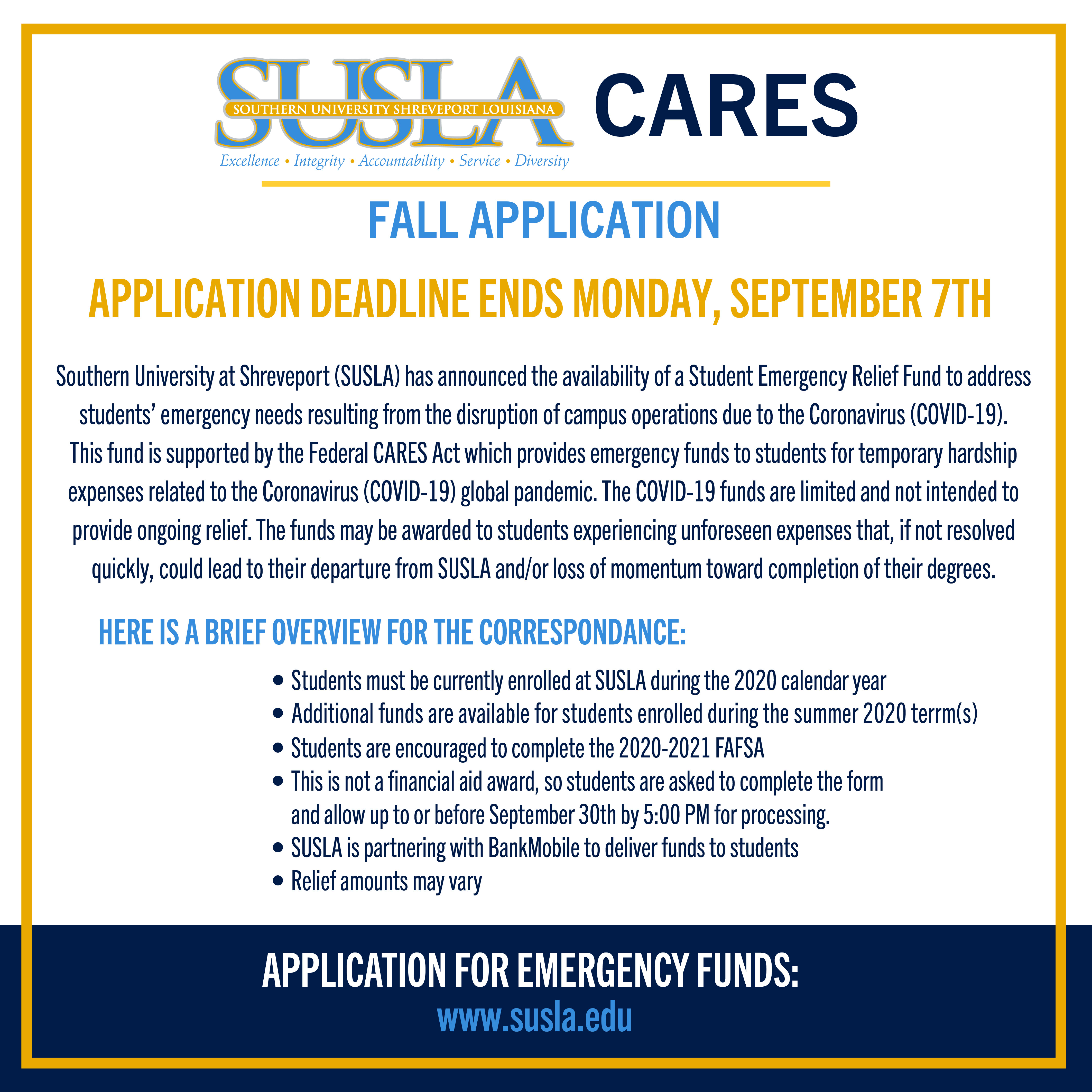 SUSLA Cares Fall 2020 Emergency Grant Funds Southern University