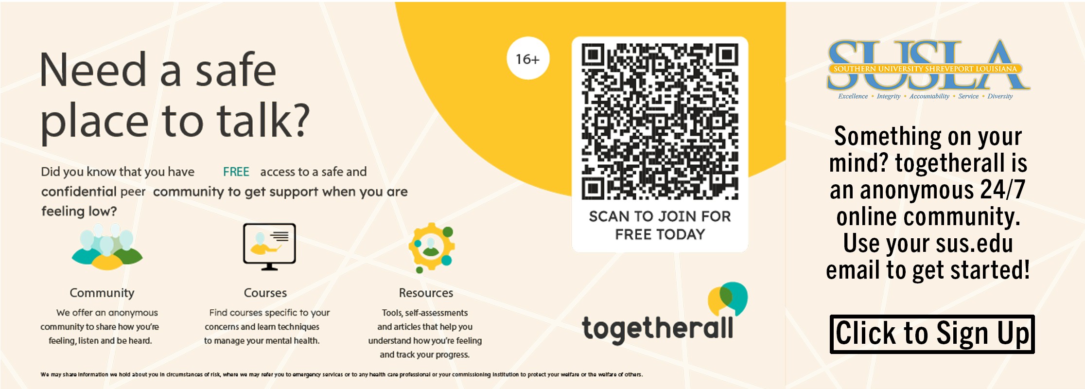 Image with QR Code that allows users to scan to access the togetherall link for counseling